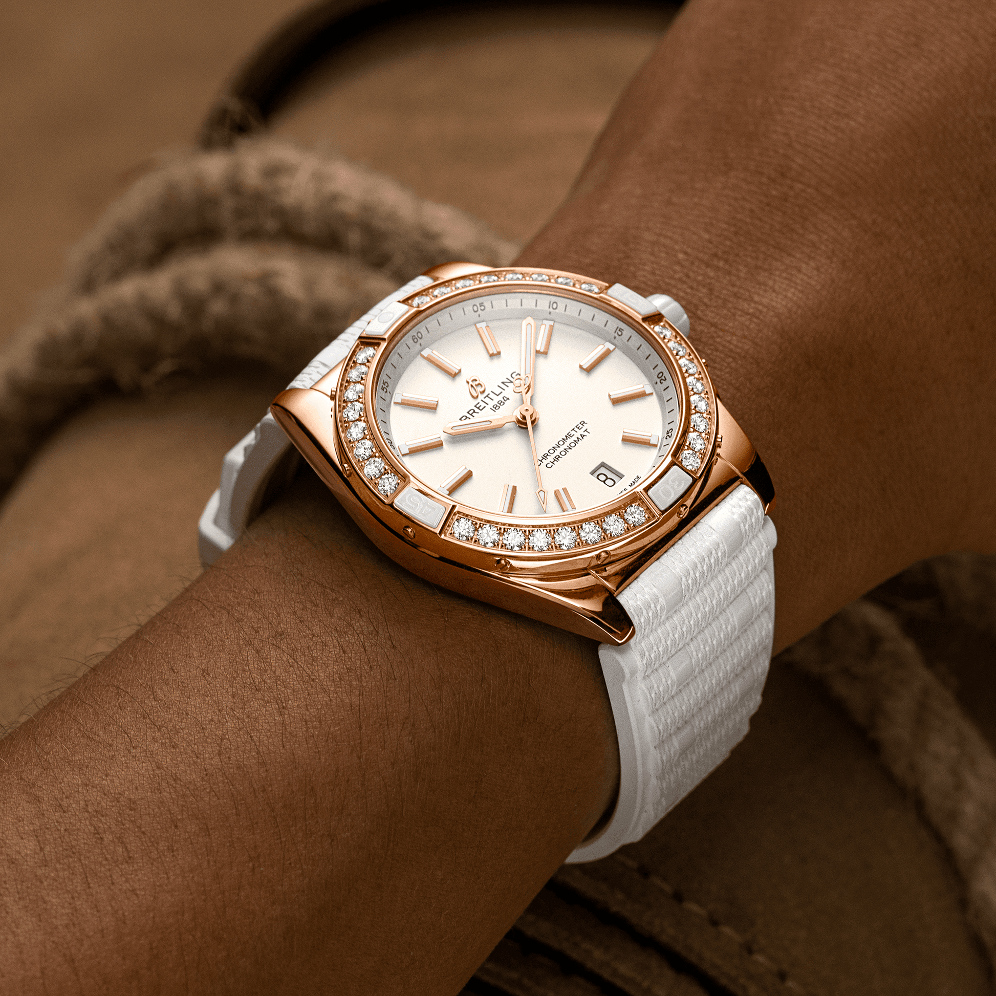 Breitling Super Chronomat Automatic 38 Origins, Small scale traceable 18k Red Gold, 32 lab-grown diamonds, Ref# R17356531G1S1, Unworn 2024, Watch on hand
