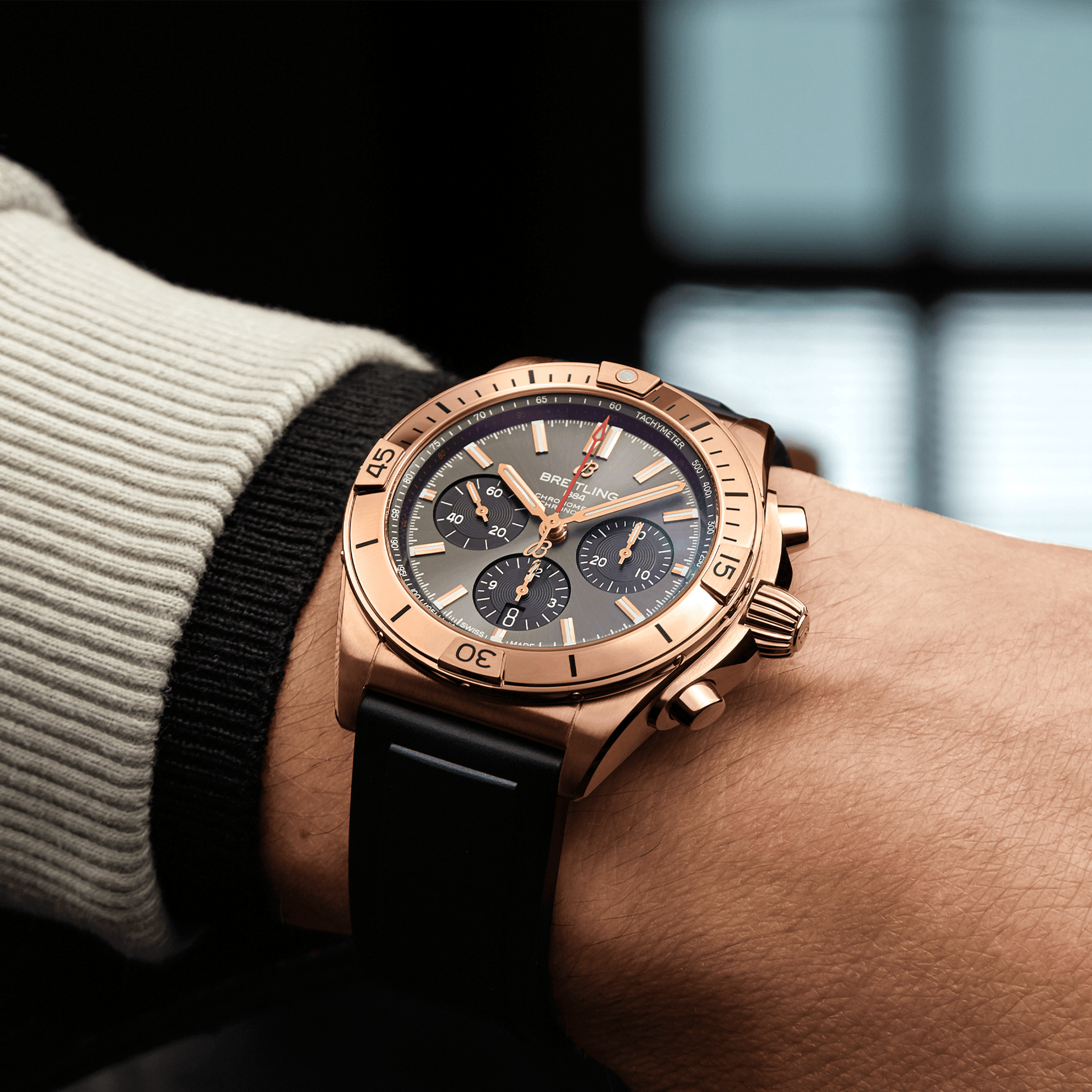 Breitling Chronomat B01 42, 18k Red Gold, Ref# RB0134101B1S1, Unworn 2024, Watch on hand