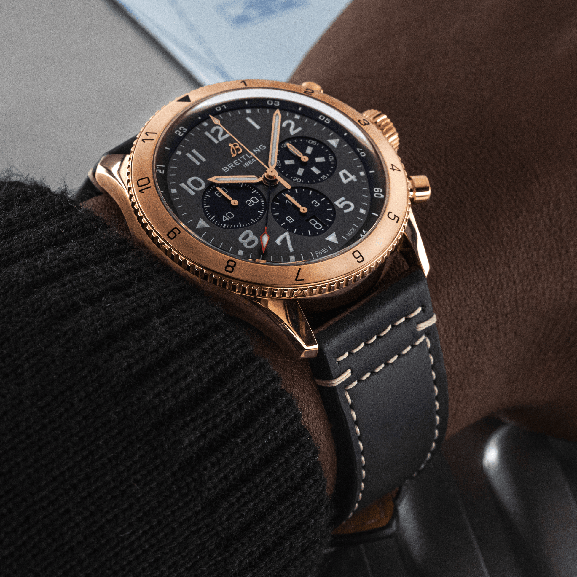 Breitling Classic AVI B04 Chronograph 46 P-51 Mustang, 18k Red Gold, Ref# RB04451A1B1X1, Unworn 2024, Watch on Hand
