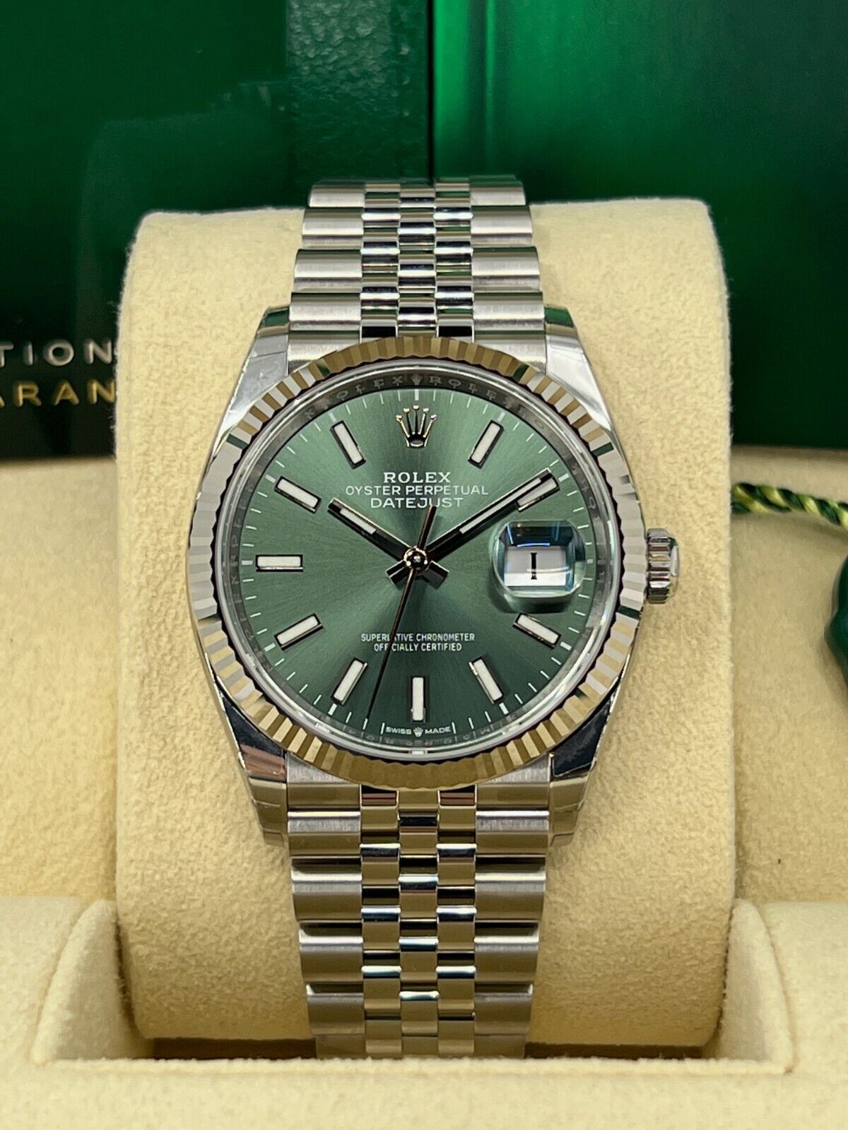 Rolex, Datejust 36, Oystersteel and 18K White Gold, 36mm, Green Mint Dial, Fluted, Jubilee, Ref#126234-0051