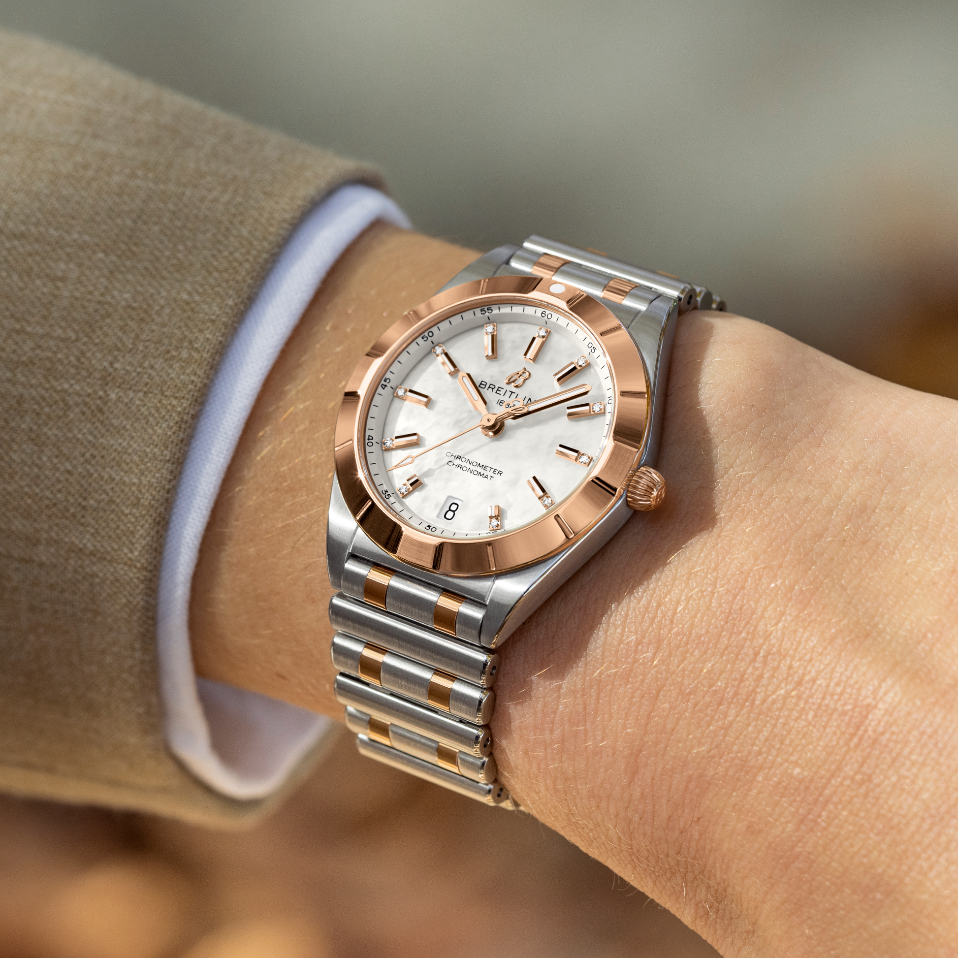 Breitling Chronomat 32, Stainless Steel, 18k Red Gold and 11 Diamonds, Ref# U77310101A2U1, Unworn 2024, Watch on hand