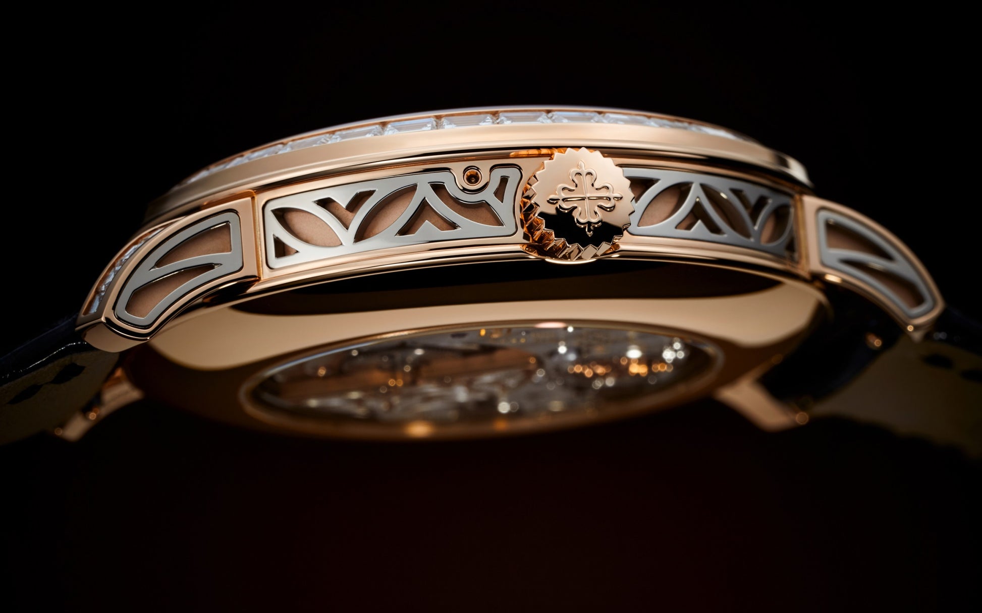 Patek Philippe Grand Complication, 18k Rose Gold set with baguette diamonds, 43mm, Ref# 5304/301R-001, Crown