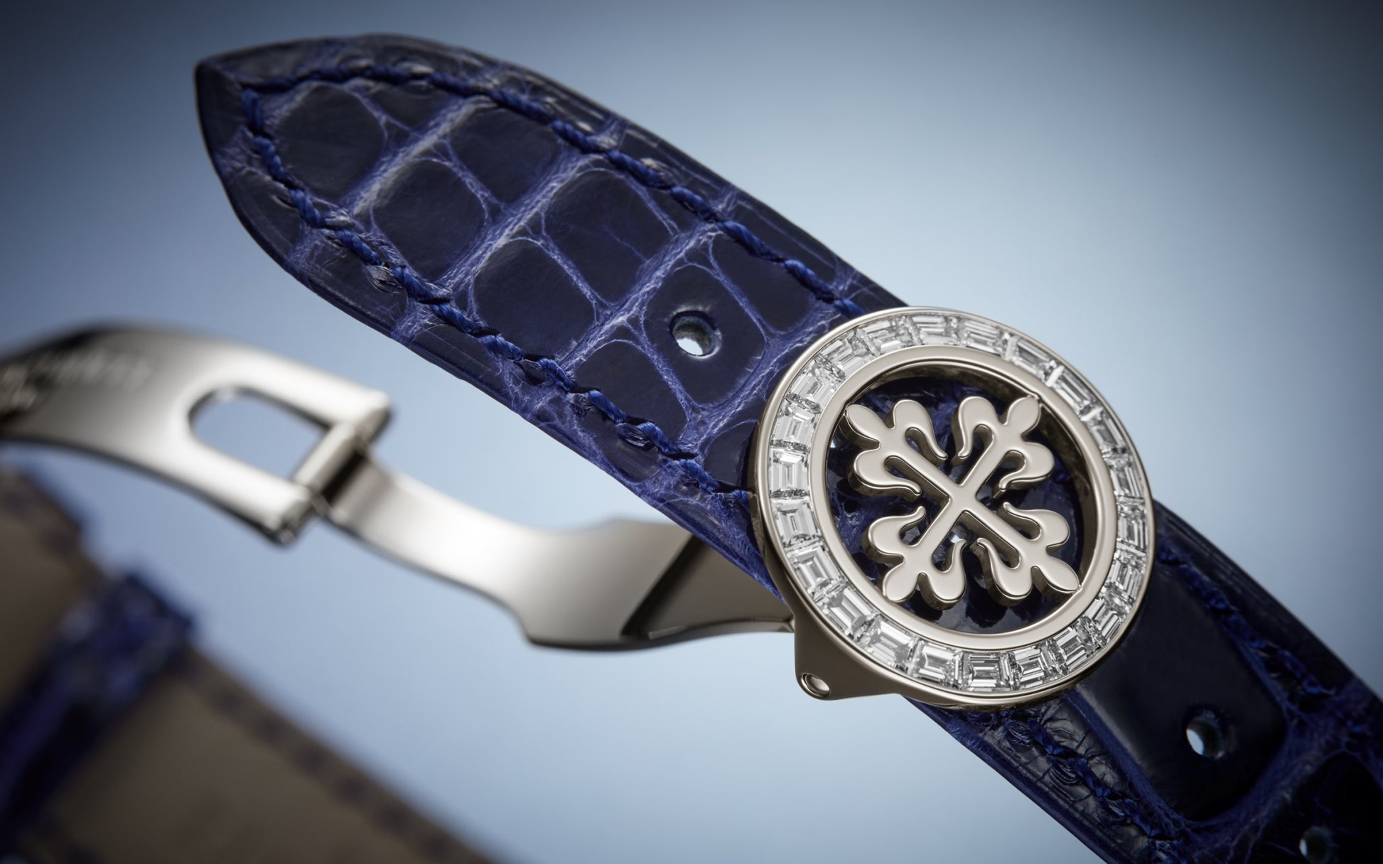 Patek Philippe Grand Complication, Platinum set with baguette diamonds and sapphires, 42mm, Ref# 5374/300P-001, Clasp