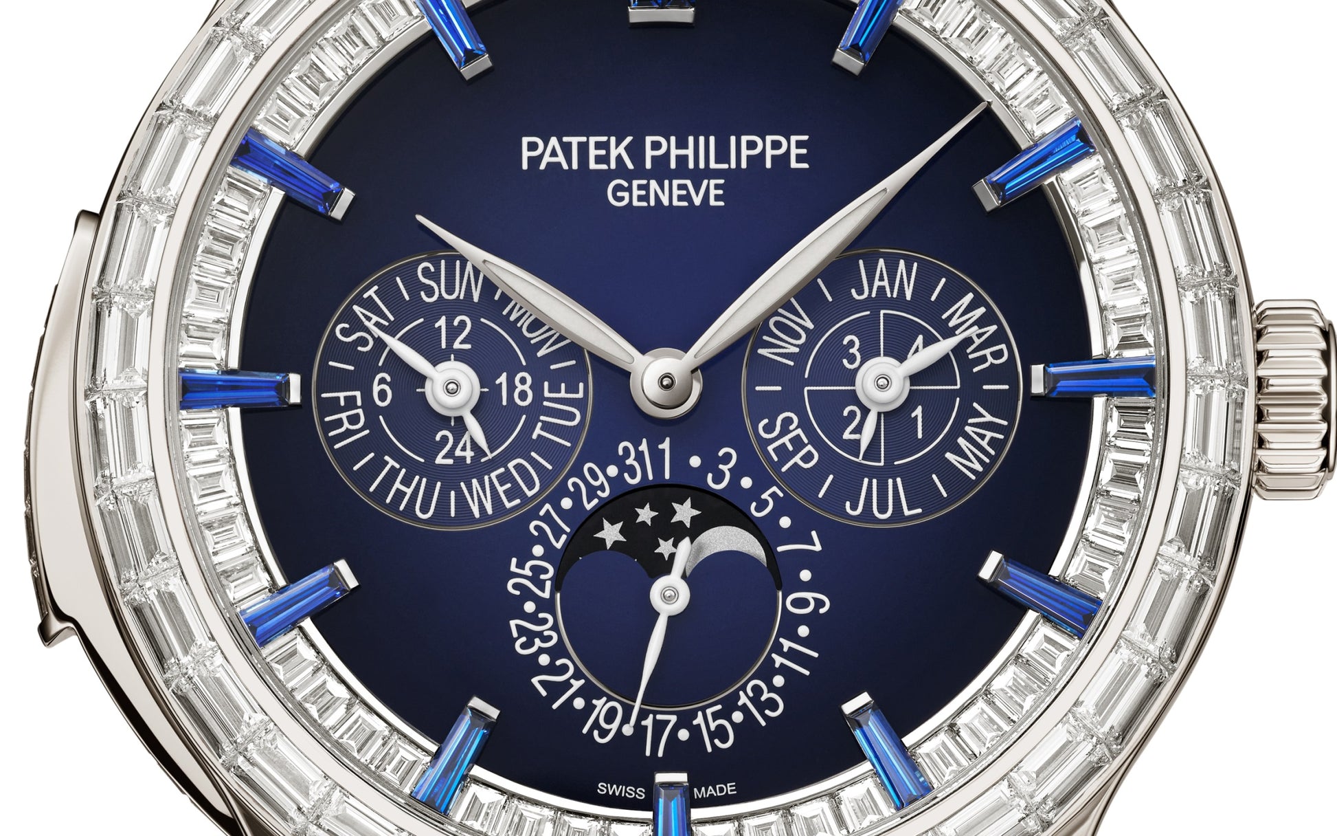 Patek Philippe Grand Complication, Platinum set with baguette diamonds and sapphires, 42mm, Ref# 5374/300P-001, Dial