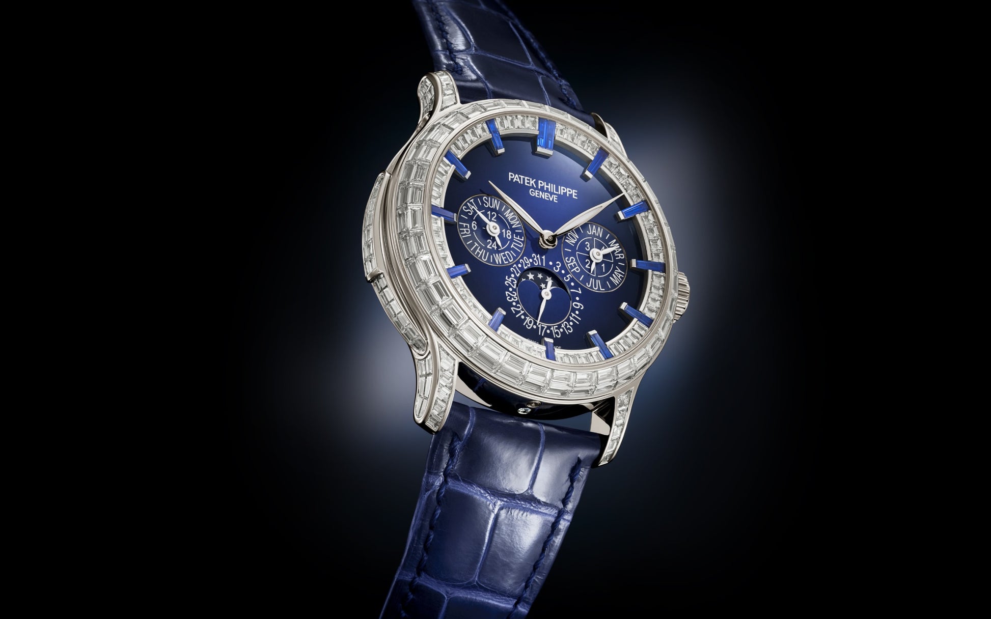 Patek Philippe Grand Complication, Platinum set with baguette diamonds and sapphires, 42mm, Ref# 5374/300P-001, Main view 1