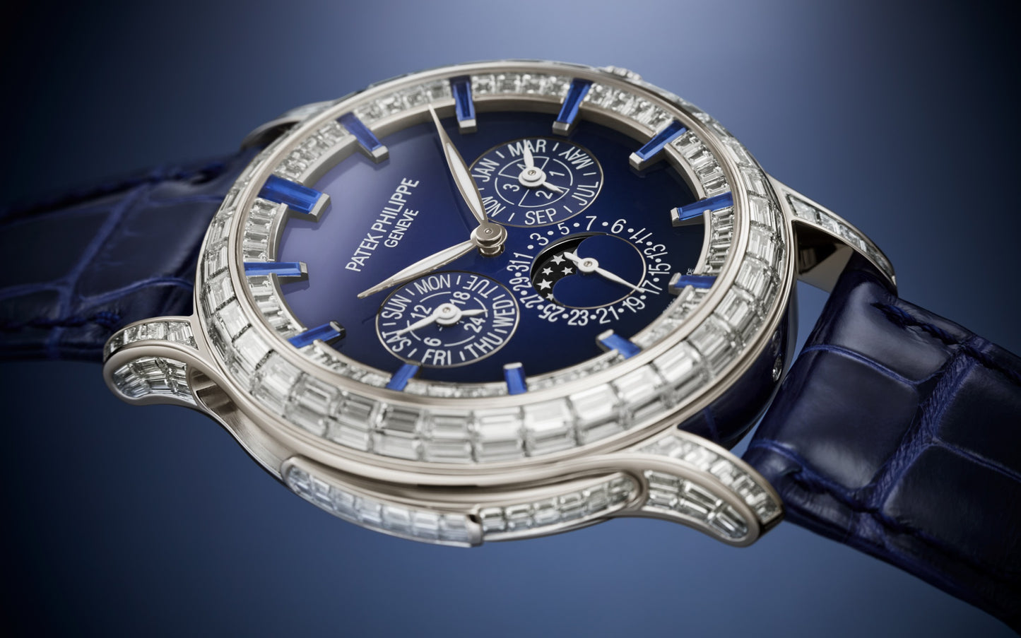 Patek Philippe Grand Complication, Platinum set with baguette diamonds and sapphires, 42mm, Ref# 5374/300P-001, Side