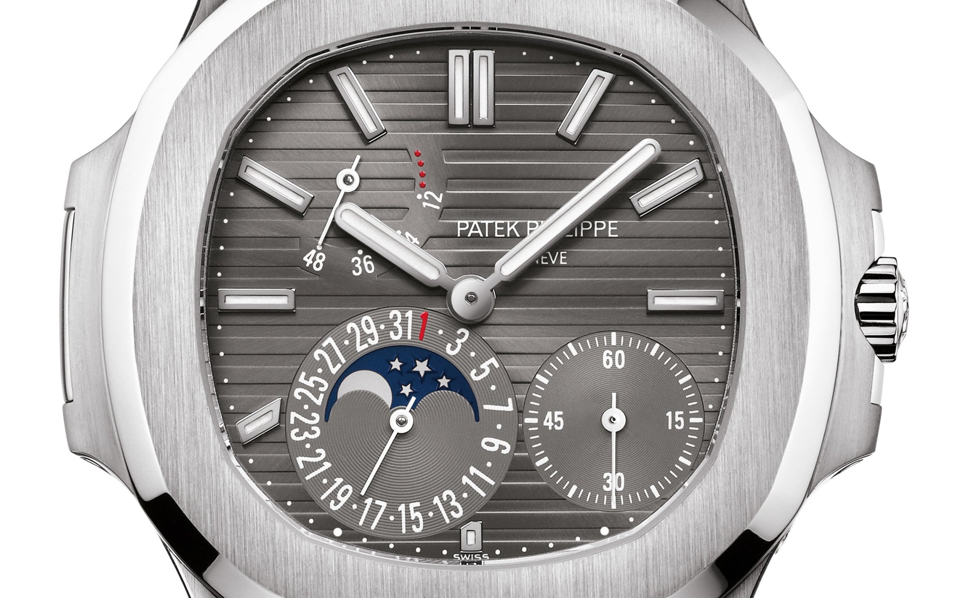 Patek Philippe Nautilus Date, Moon Phases Watch, 18k White Gold, 40mm, Ref# 5712G-001, Dial