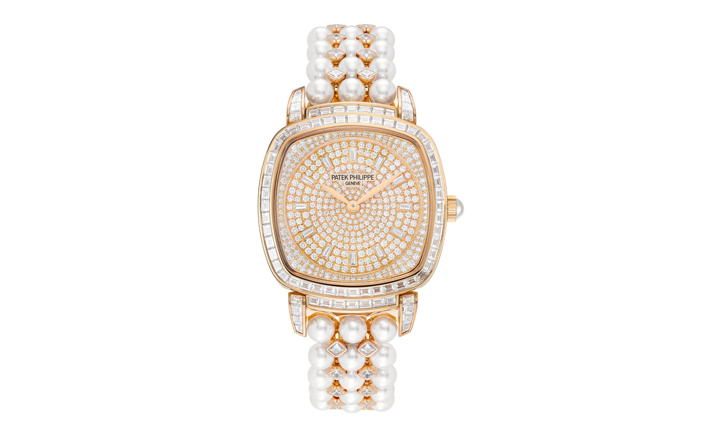 Patek Philippe Ladies Gondolo Haute Joaillerie, 18kt Rose Gold set with diamonds and Akoya pearls, 31 × 34.8mm, Ref# 7042/100R-010, 1
