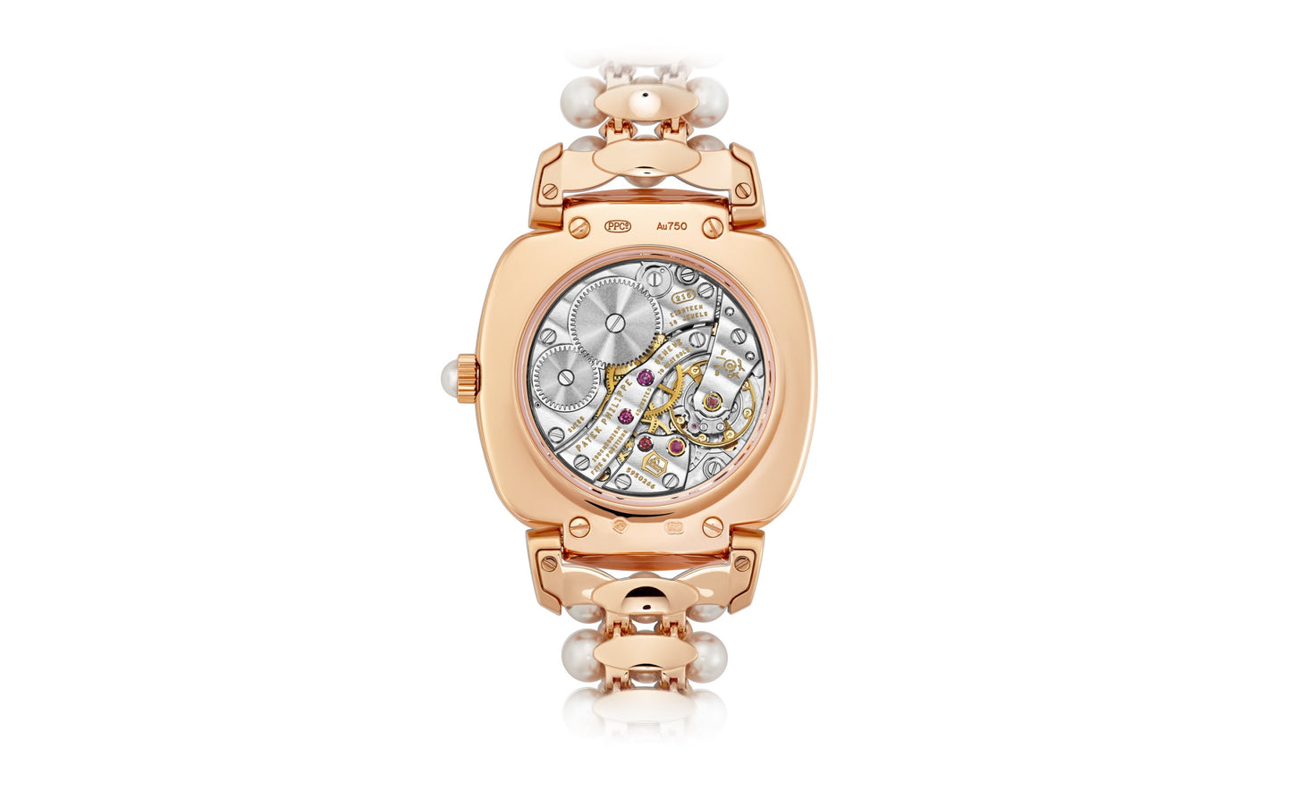 Patek Philippe Ladies Gondolo Haute Joaillerie, 18kt Rose Gold set with diamonds and Akoya pearls, 31 × 34.8mm, Ref# 7042/100R-010, Back