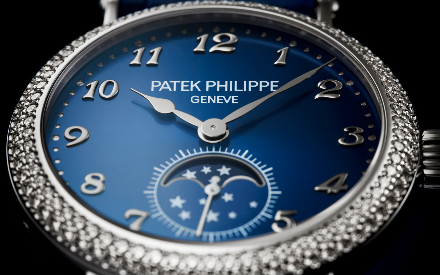 Patek Philippe Complication Moon Phases, 18k White Gold with 132 (~1.09 cts.) brilliant-cut diamonds, 33mm, Ref# 7121/200G-001, Hands