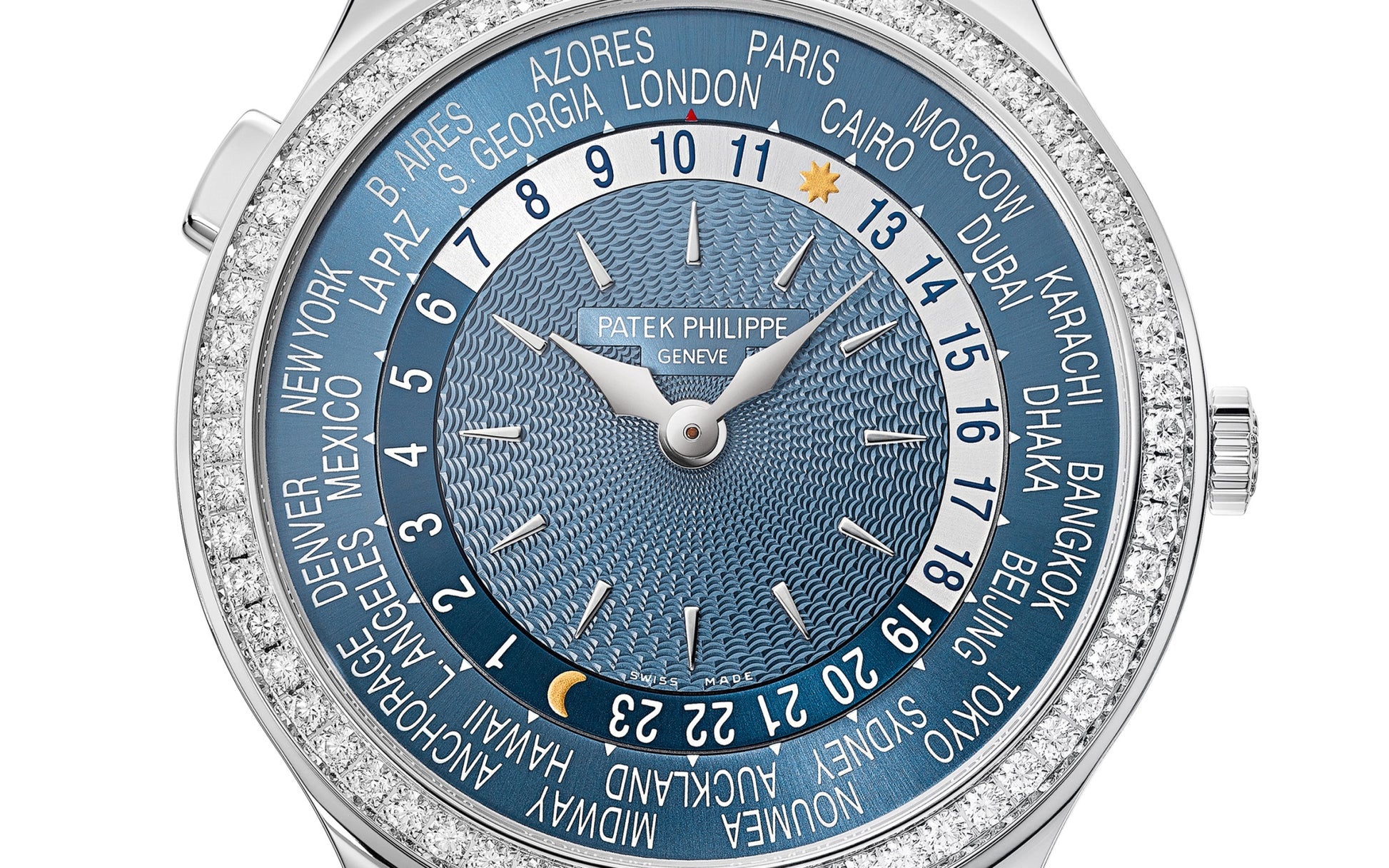 Patek Philippe Women’s Complication World-Time, 18k White Gold set with 89 diamonds (~1.03 ct.), 36mm, Ref# 7130G-016, Dial