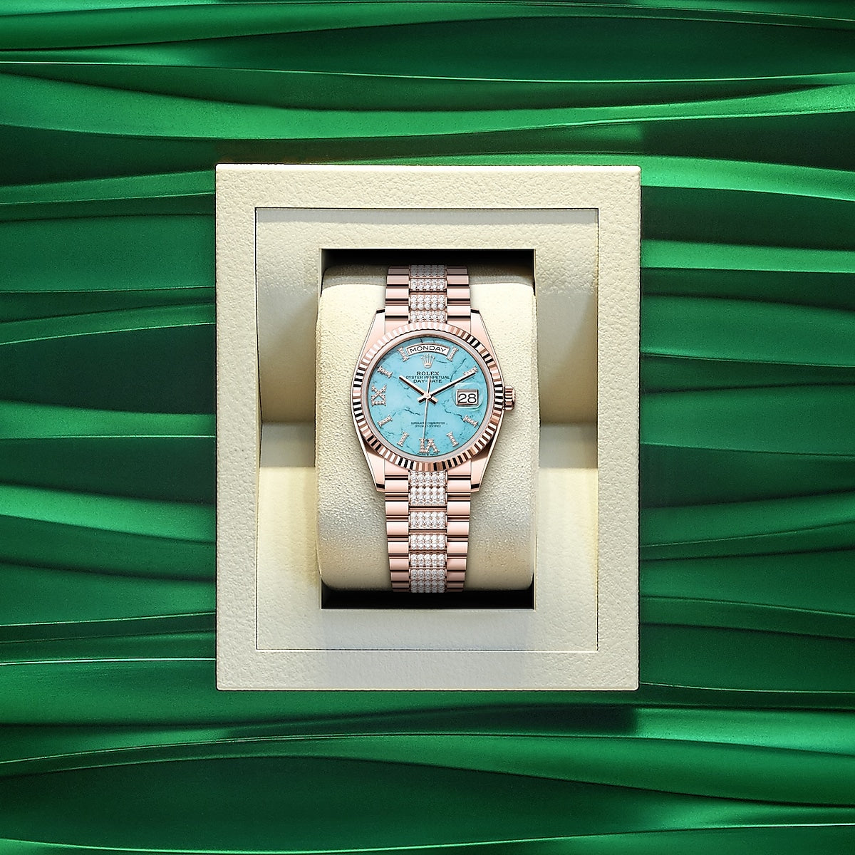 Rolex Day-Date 36, 18k Everose Gold with Diamond-set, 36mm, Ref# 128235-0065, Watch in a box