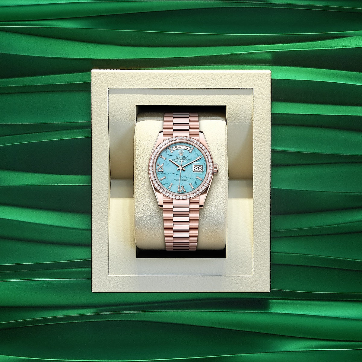 Rolex Day-Date 36, 18k Everose Gold with Diamond-set, 36mm, Ref# 128345rbr-0064, Watch in a box