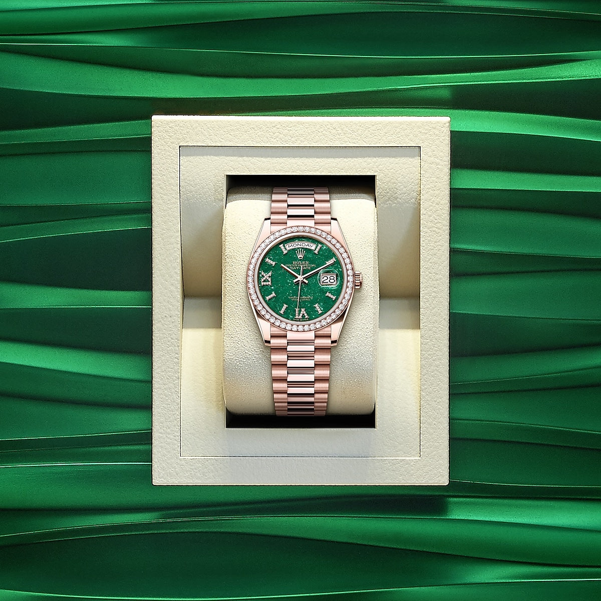 Rolex Day-Date 36, 18k Everose Gold with Diamond-set, 36mm, Ref# 128345rbr-0068, Watch in a box
