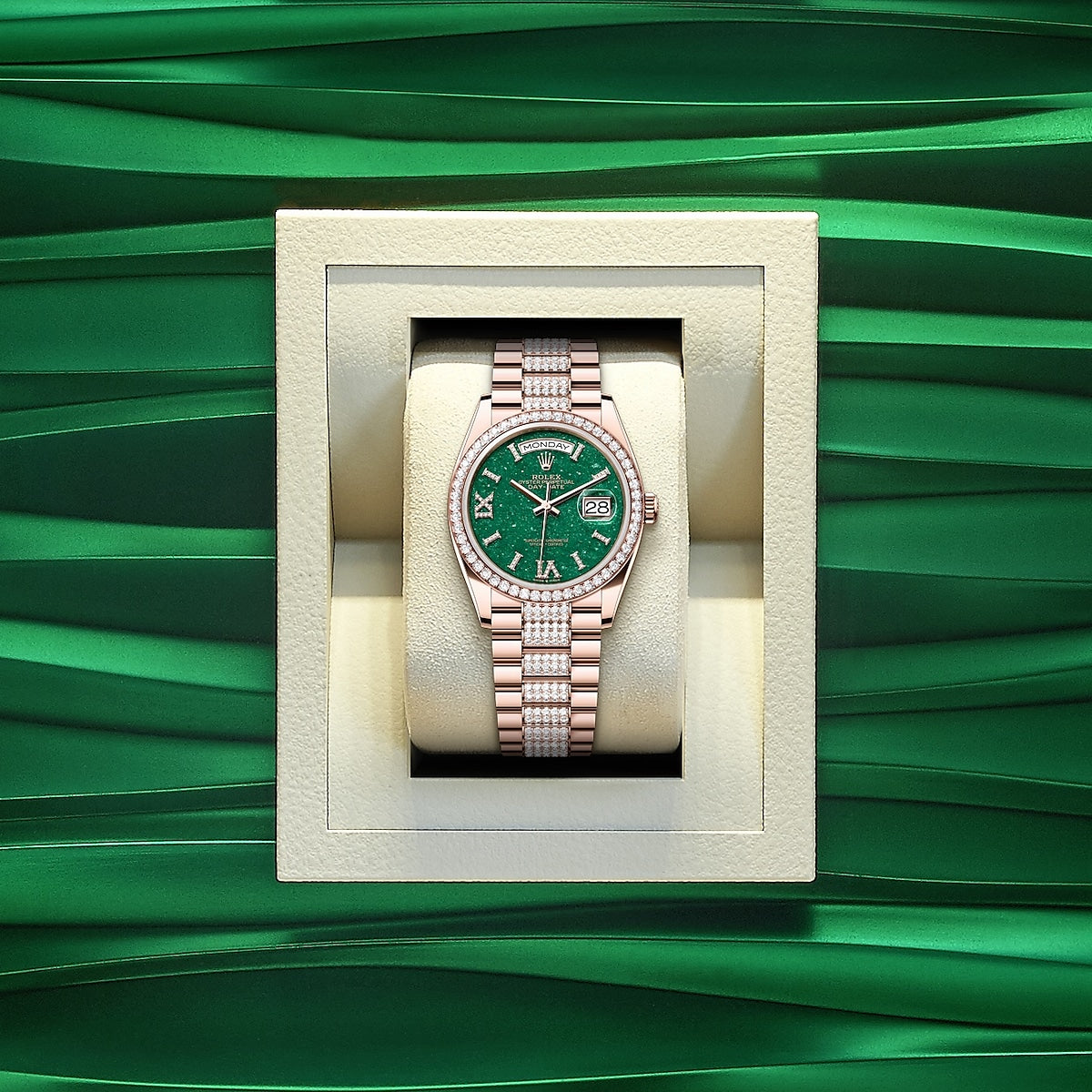 Rolex Day-Date 36, 18k Everose Gold with Diamond-set, 36mm, Ref# 128345rbr-0069, Watch in a box