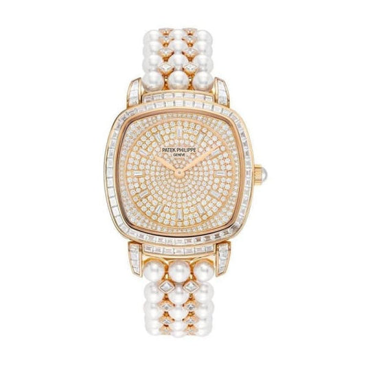 Patek Philippe Ladies Gondolo Haute Joaillerie, 18kt Rose Gold set with diamonds and Akoya pearls, 31 × 34.8mm, Ref# 7042/100R-010