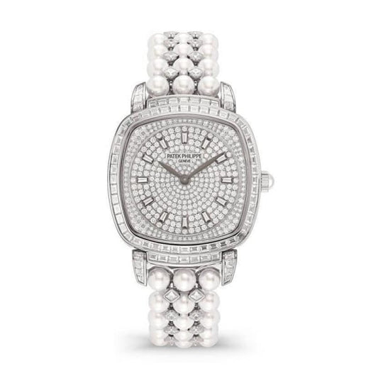 Patek Philippe Ladies Gondolo Haute Joaillerie, 18kt White Gold set with diamonds and Akoya pearls, 31 × 34.8mm, Ref# 7042/100G-010