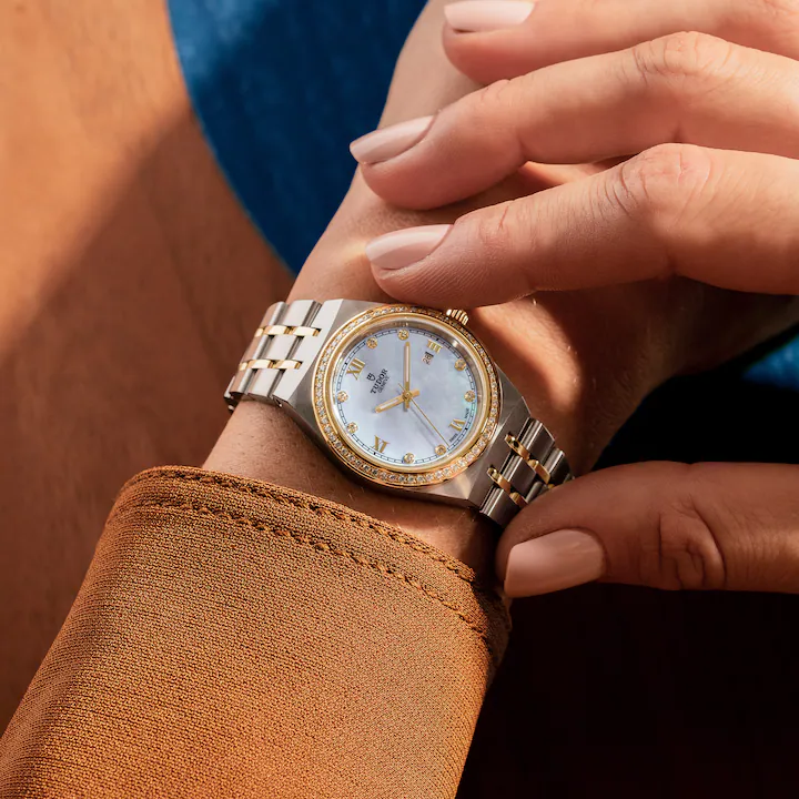 Tudor Royal, Stainless Steel, 18k Yellow Gold and Diamond-set dial with Diamond-set bezel, 28mm, Ref# M28323-0001, Watch on hand