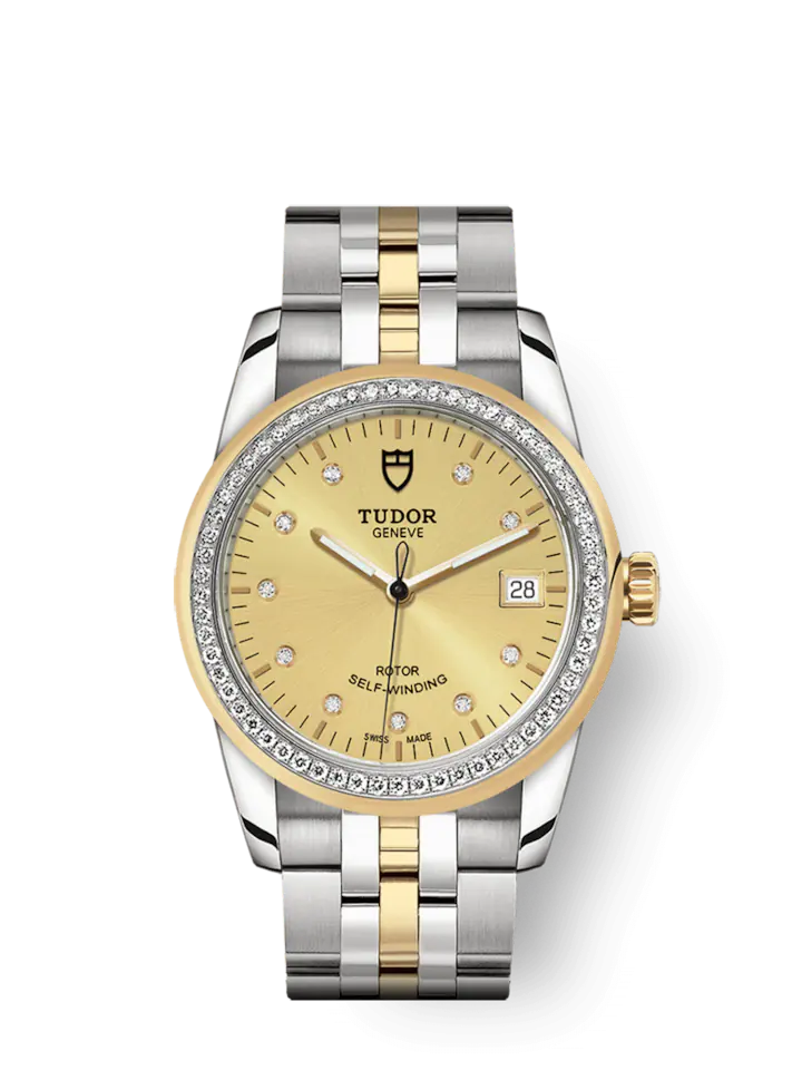 Tudor Glamour Date, Stainless Steel and 18k Yellow Gold with Diamond-set and Diamond-set bezel, 36mm, Ref# M55023-0026