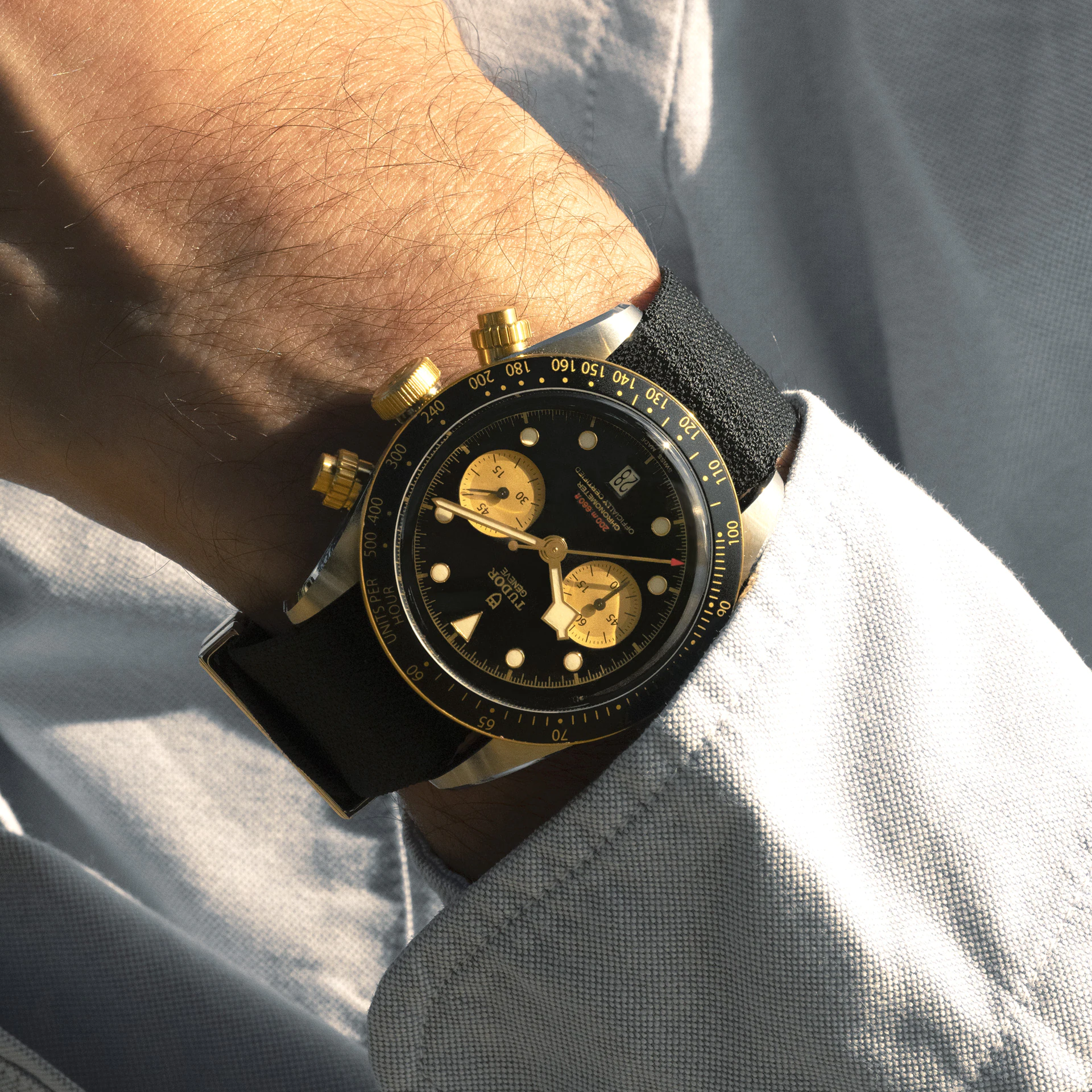 Tudor Black Bay Chrono S&G, 41mm, Stainless Steel and 18k Yellow Gold, Ref# M79363N-0003,  watch on hand