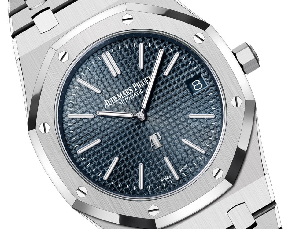Side Audemars Piguet Royal Oak "JUMBO" EXTRA-THIN "50TH ANNIVERSARY" Ref# 16202ST.OO.1240ST.01